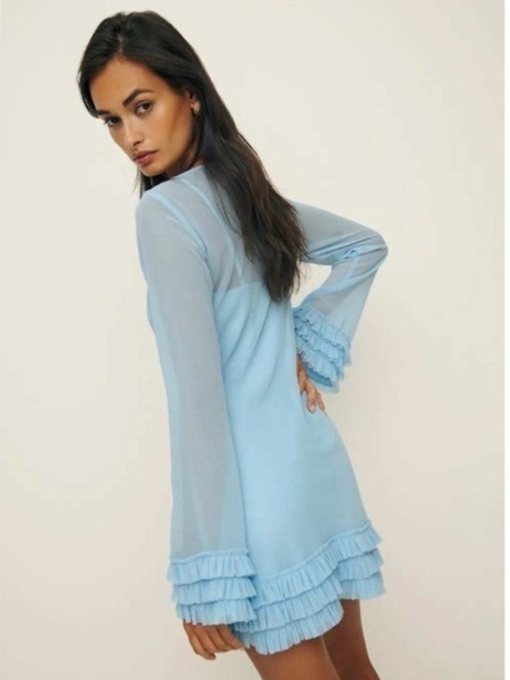 Reformation Avalina Sheer‎ Long-Sleeve Mini Dress Light Blue 4 MISSING SLIP - Picture 3 of 16